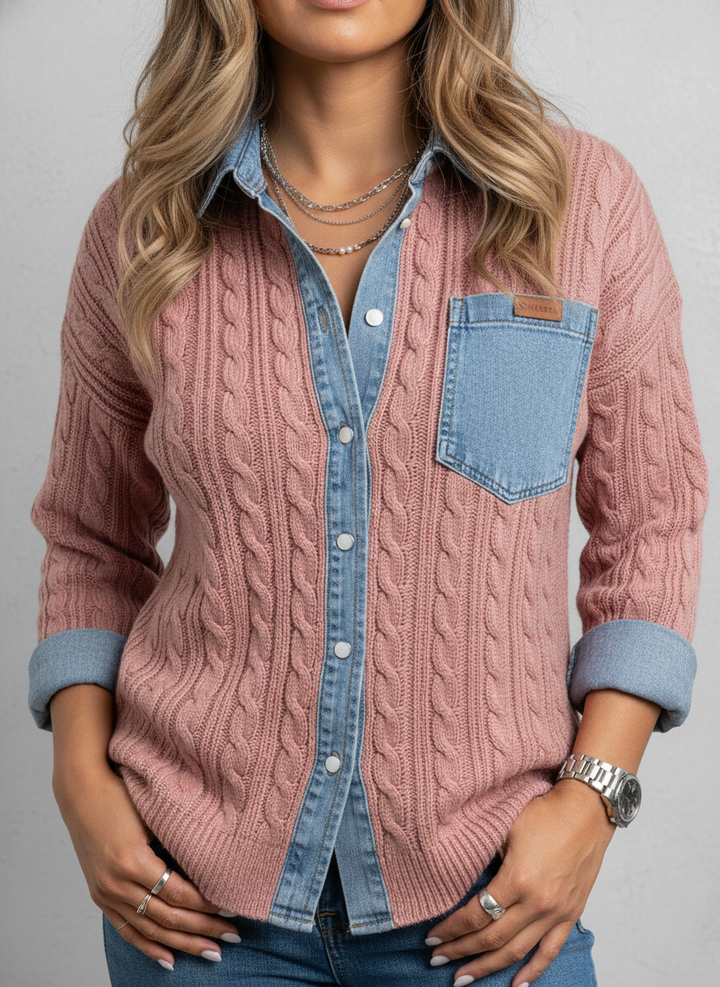 AMBRA™║Suéter de punto patchwork con detalles de denim