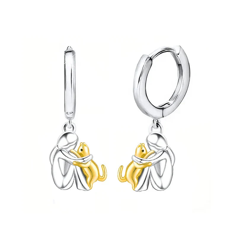 Aretes Gato Abrazo bicolor plata y oro