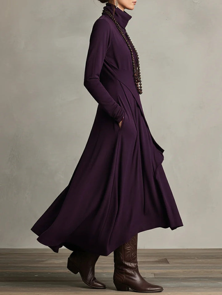 AURELIA™║Vestido largo plisado asimétrico con cuello alto