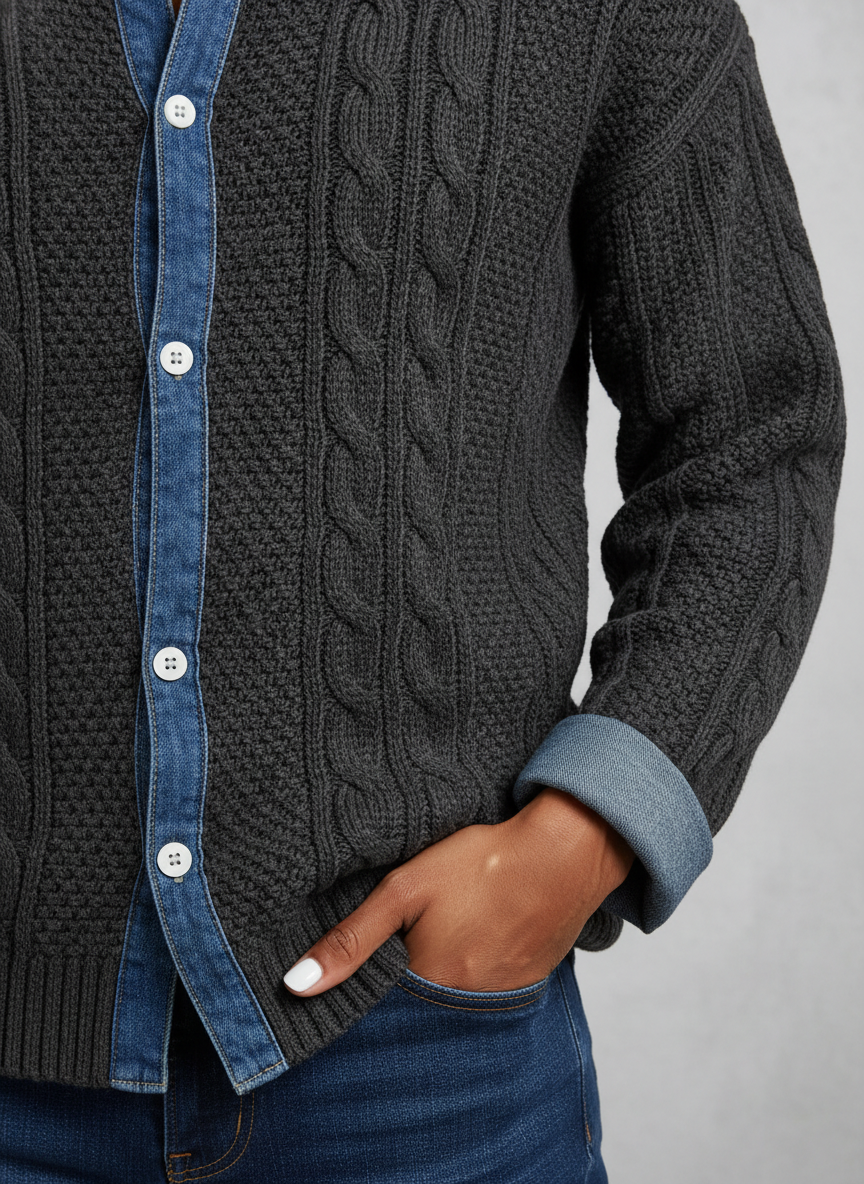 AMBRA™║Suéter de punto patchwork con detalles de denim